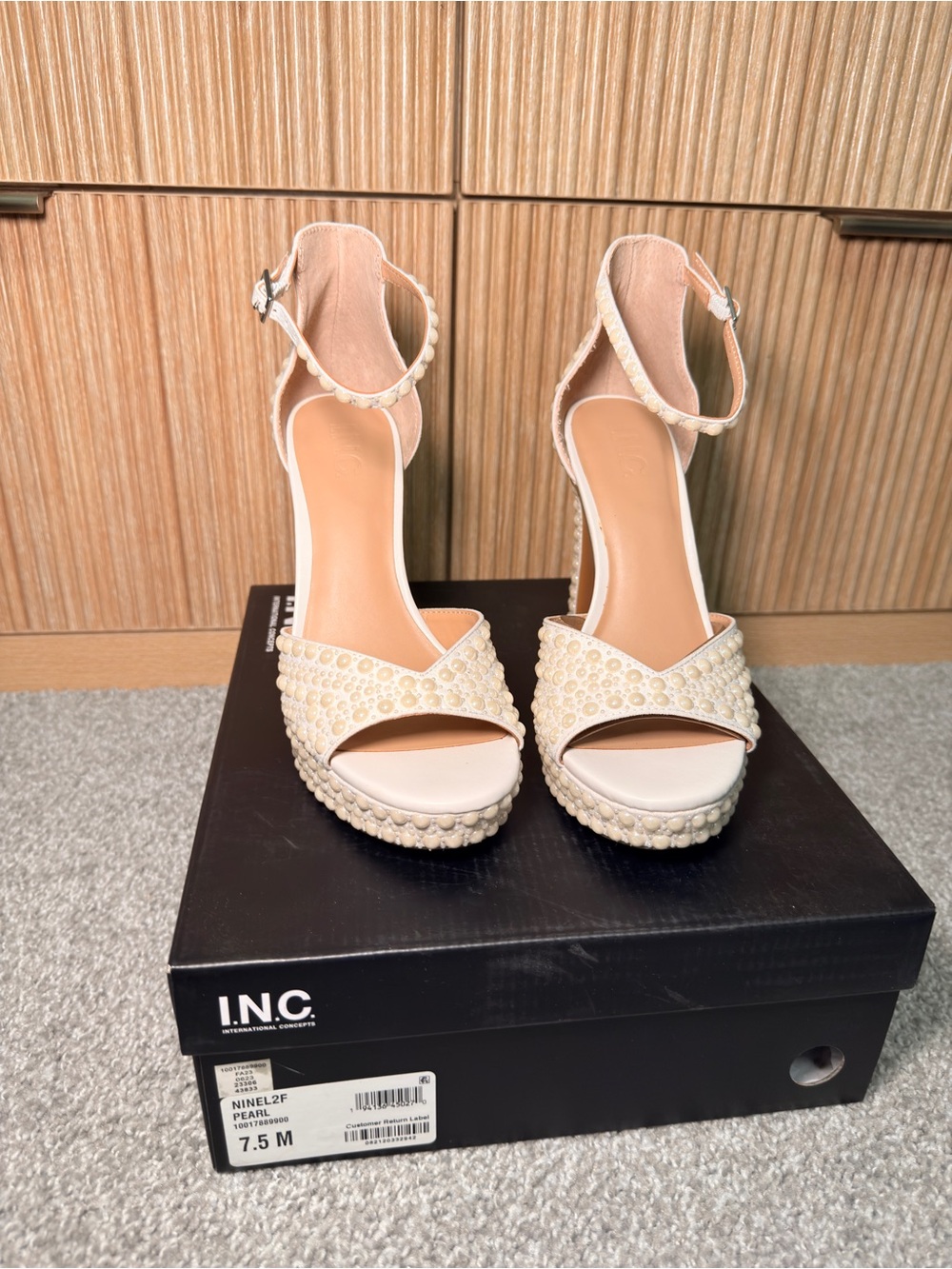 INC International Concepts Pearl Beaded Cream Platform Heels